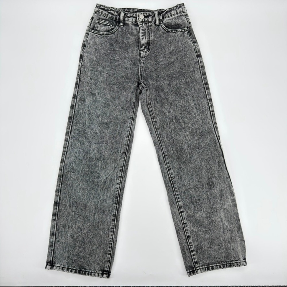 Kids Grey Acid Wash Wide Leg Jeans Pink Bow Embroidery Adjustable Waist Size 13Y